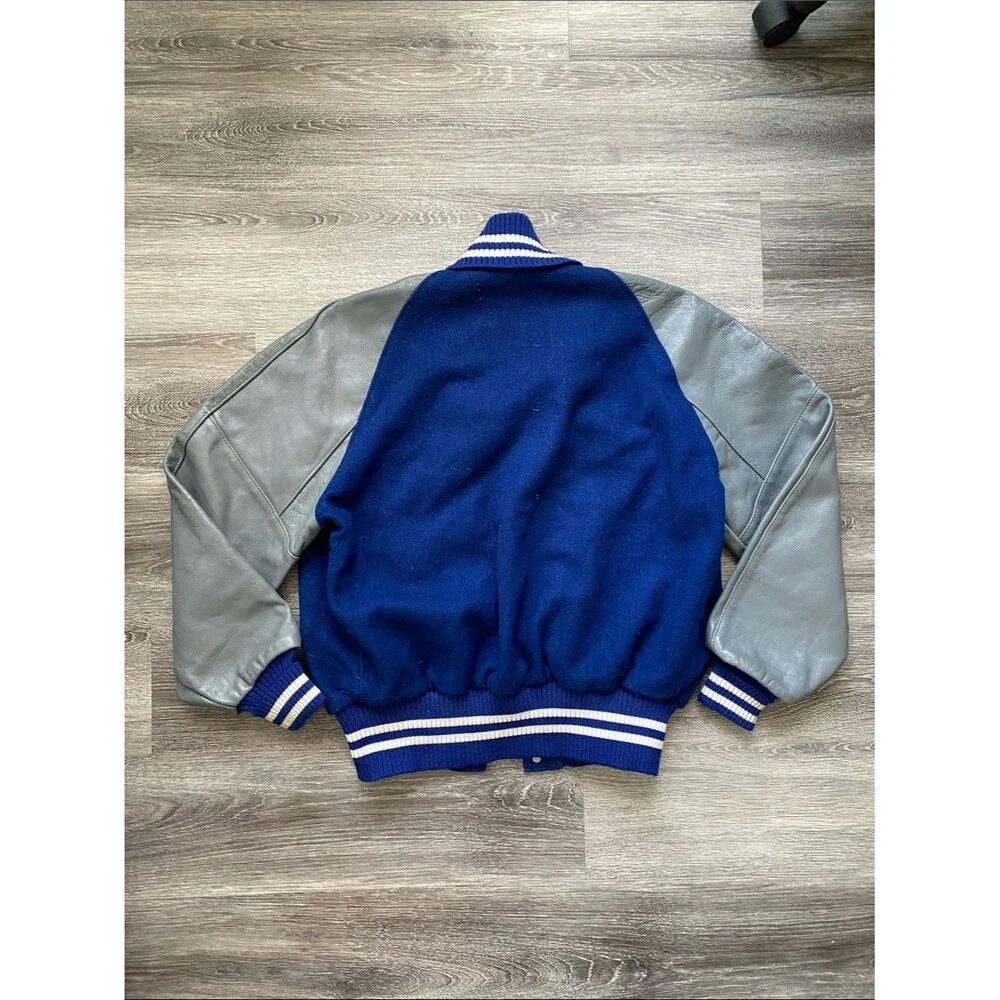 Vintage 80’ DeLONG Mens Varsity Letterman Jacket Wool Leather 46 L/XL Blue Grey